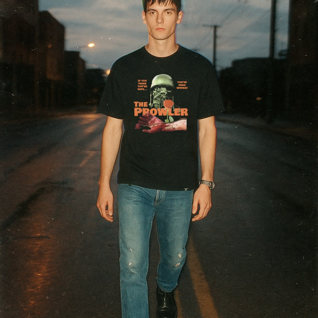 Person wearing a black t-shirt with graphic design on a dark street.