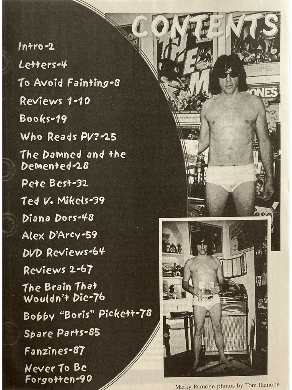 Black and white layout with text and images of a person in underwear, set against a magazine cover background.