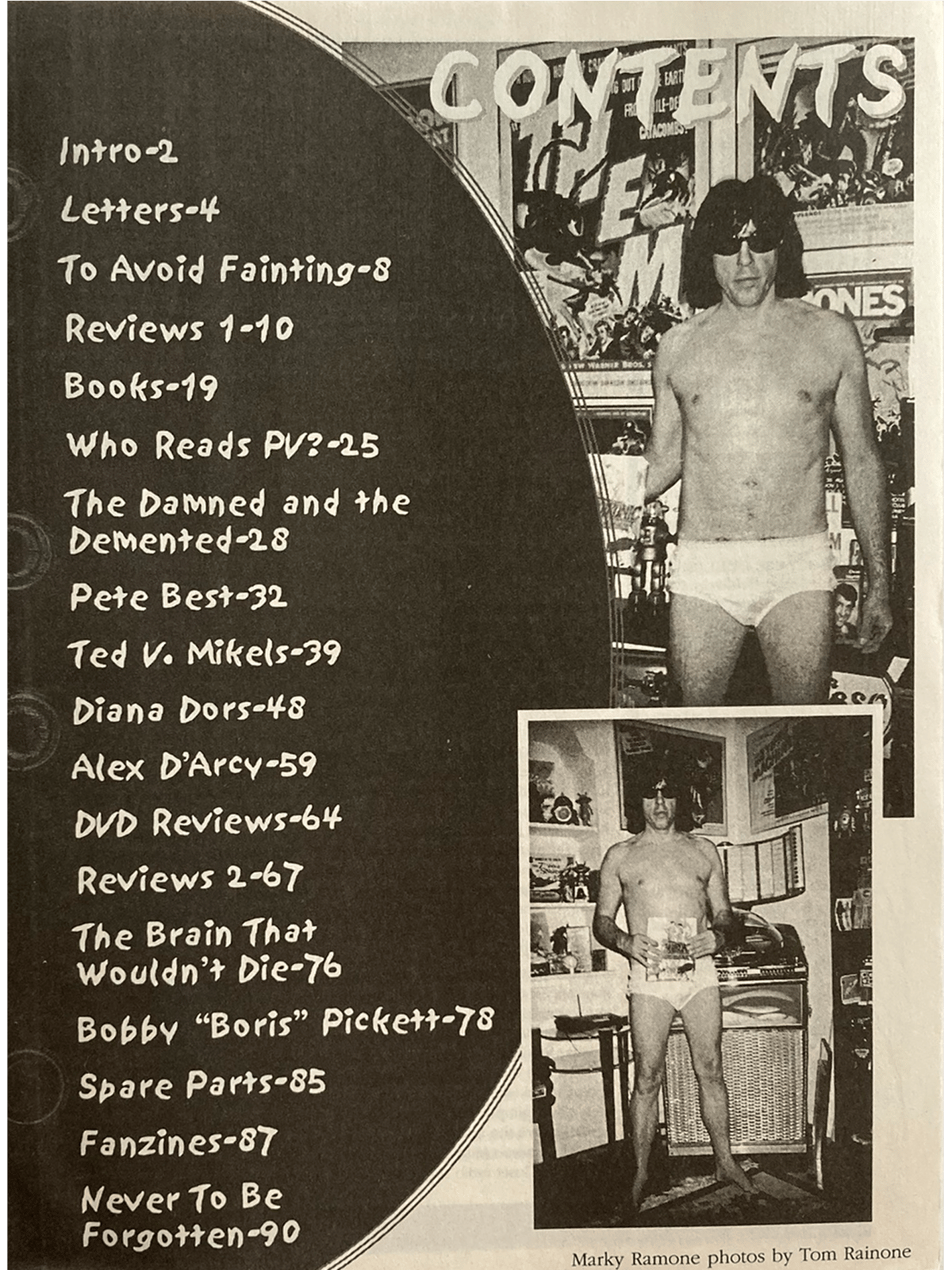 Black and white layout with text and images of a person in underwear, set against a magazine cover background.