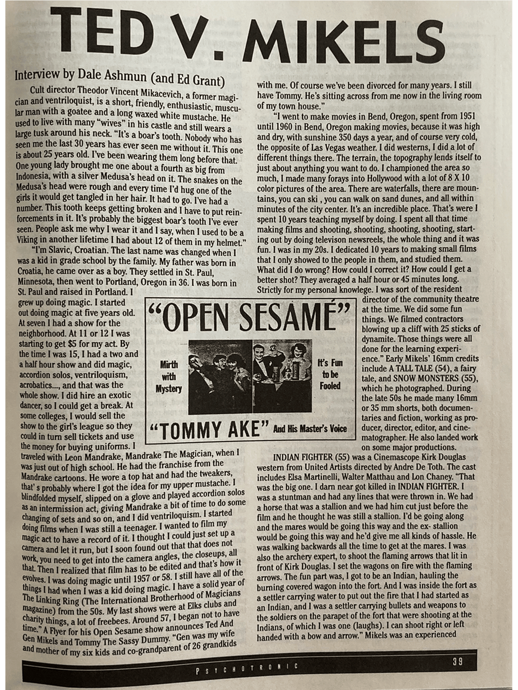 Vintage newspaper clipping featuring an interview with Ted V. Mikels, including text and a small black and white photo.