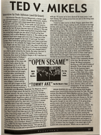 Vintage newspaper clipping featuring an interview with Ted V. Mikels, including text and a small black and white photo.