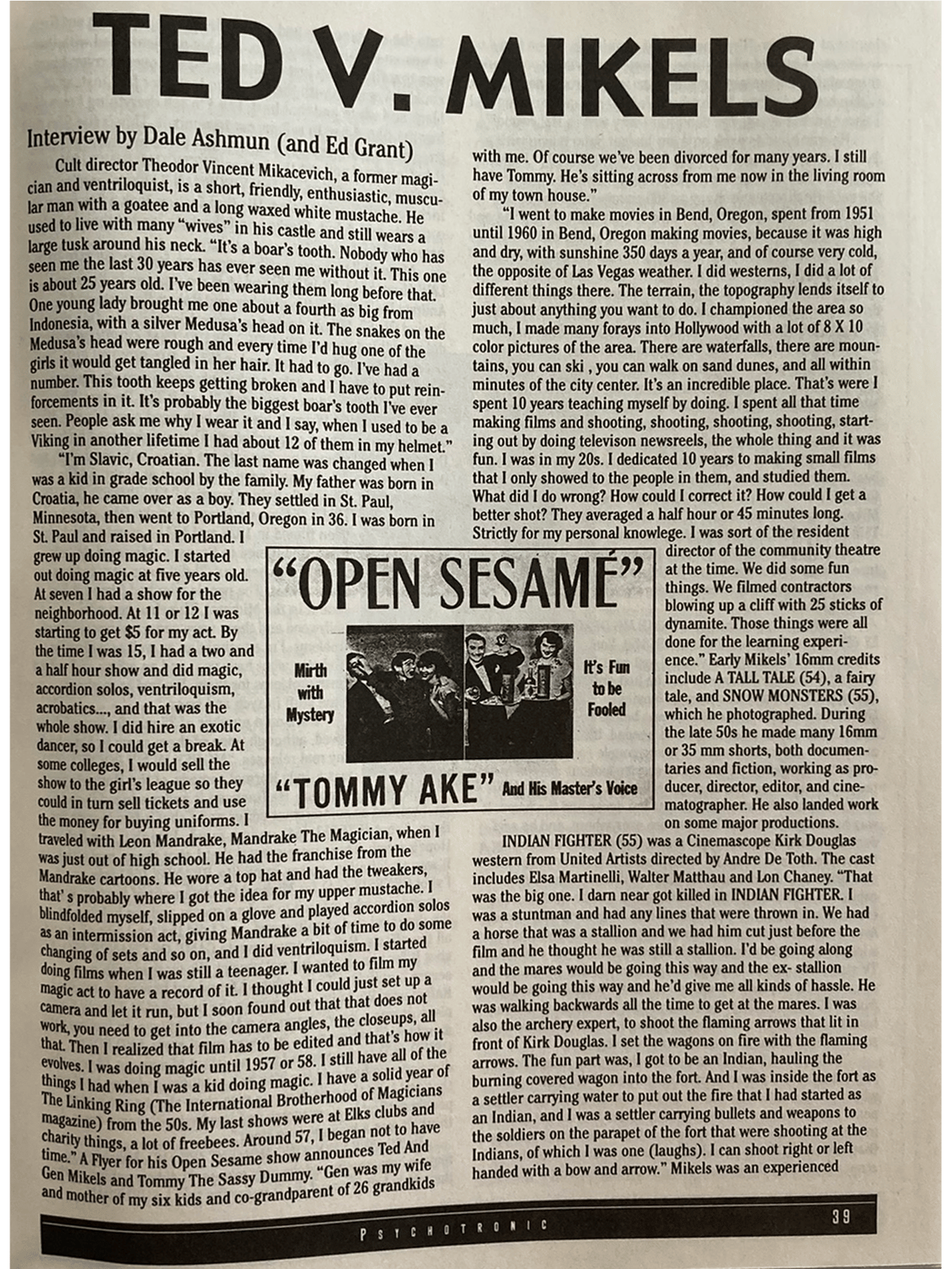 Vintage newspaper clipping featuring an interview with Ted V. Mikels, including text and a small black and white photo.