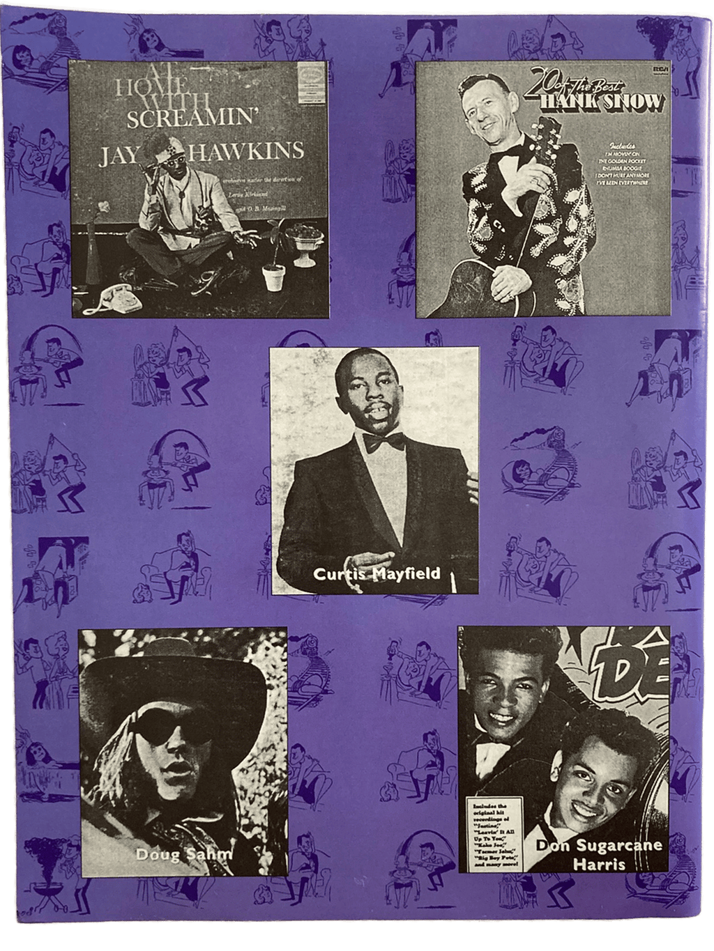 Collage of album covers and portraits on a purple background with additional illustrations.