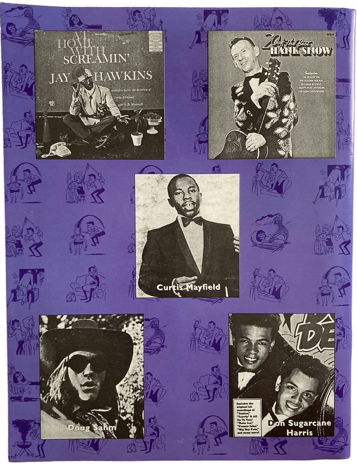 Collage of album covers and portraits on a purple background with additional illustrations.