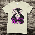 Beige t-shirt featuring a purple graphic portrait of Roberta Findlay with Vintage Grindhouse text on front