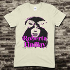 Beige t-shirt featuring a purple graphic portrait of Roberta Findlay with Vintage Grindhouse text on front