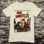 Beige t-shirt featuring a vintage sci-fi graphic of Robot Monster with text Moon Monsters Launch Attack Against Earth on front