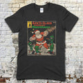 Black t-shirt with a graphic design of Santa Claus and aliens on a brick wall background