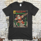 Black t-shirt with a graphic design of Santa Claus and aliens on a brick wall background