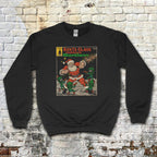 Santa Clause Conquers the Martians sweatshirt featuring vintage comic cover with Santa and green Martians on black fabric