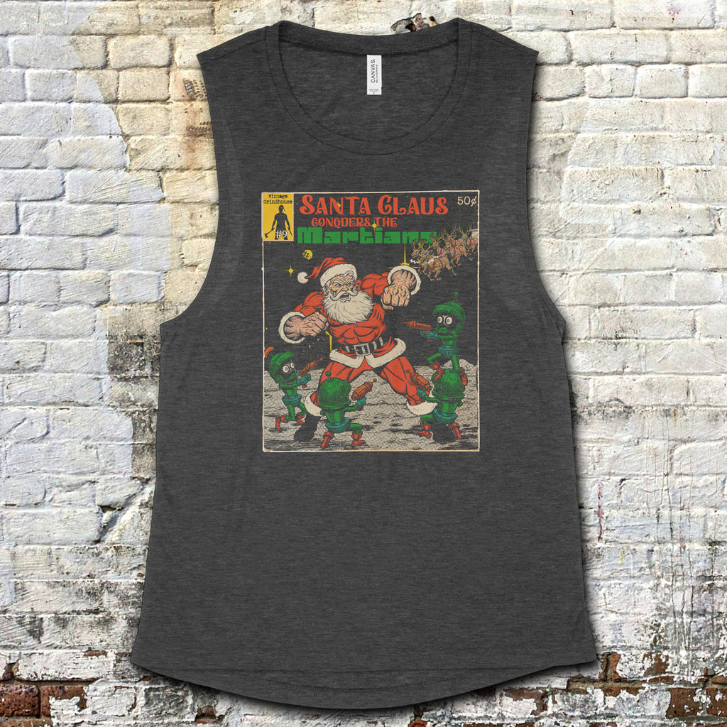 Dark gray muscle tank featuring vintage comic cover art of Santa Claus fighting Martians in bold colors on front panel