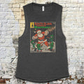 Dark gray muscle tank featuring vintage comic cover art of Santa Claus fighting Martians in bold colors on front panel