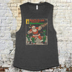 Dark gray muscle tank featuring vintage comic cover art of Santa Claus fighting Martians in bold colors on front panel