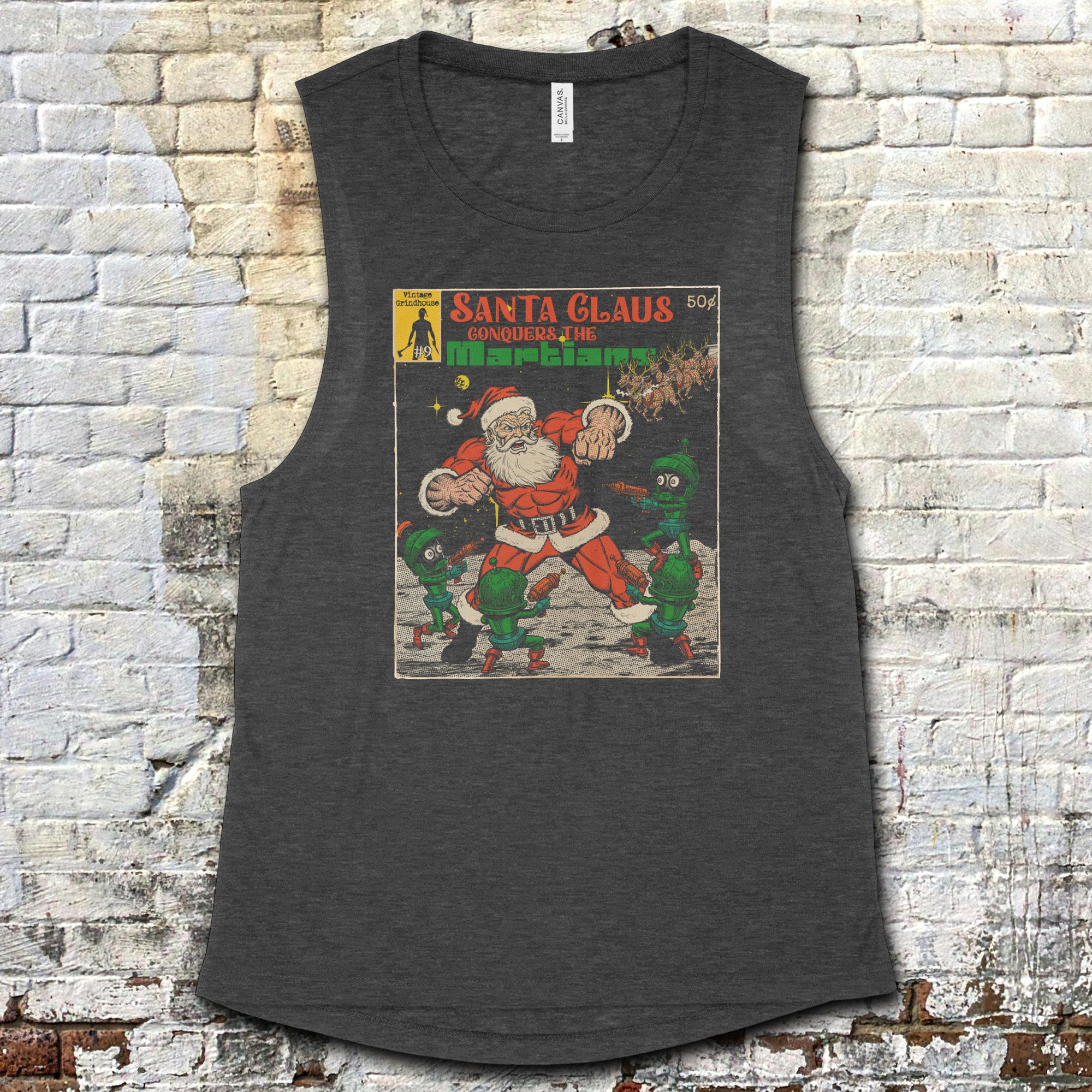 Dark gray muscle tank featuring vintage comic cover art of Santa Claus fighting Martians in bold colors on front panel