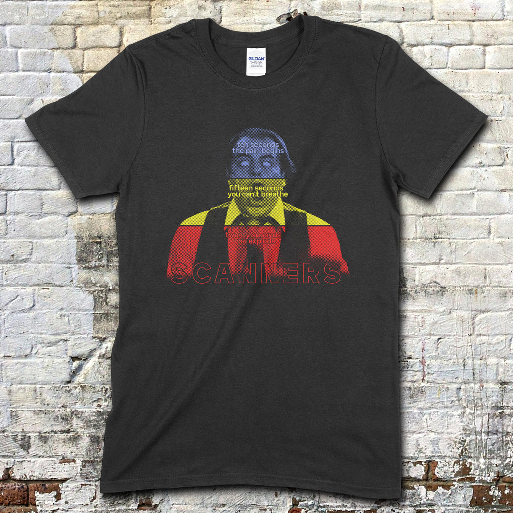 Scanners t-shirt in black with layered red and yellow graphic of a man and stylized text design on the front