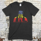 Scanners t-shirt in black with layered red and yellow graphic of a man and stylized text design on the front