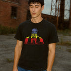 Scanners t-shirt in black with a colorful glitch-style portrait and layered text design on the front