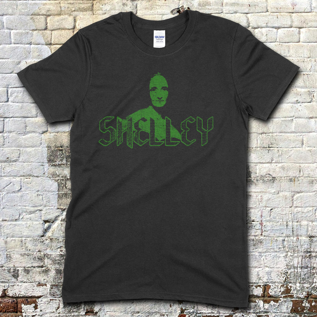 Mary Shelley t-shirt in black featuring a green stylized face above geometric lettering design on the front