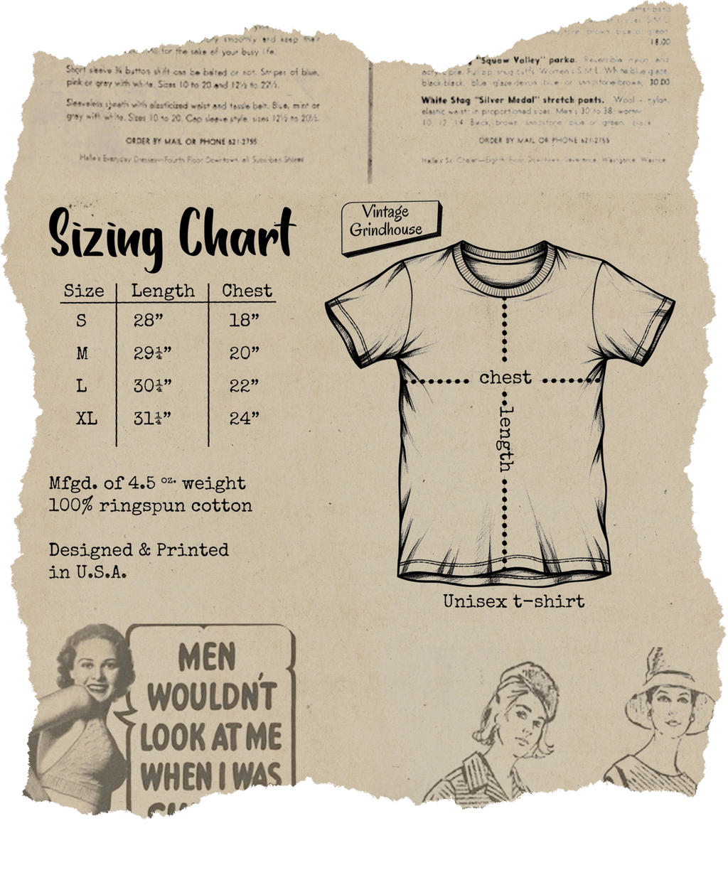 Sizing chart for a unisex t-shirt with vintage design elements on a textured background.
