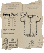 Sizing chart for a unisex t-shirt with vintage design elements on a textured background.