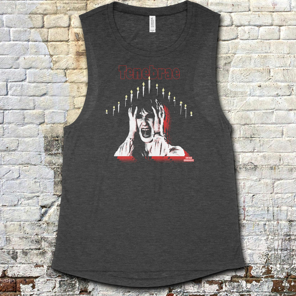 Tenebrae muscle tank with graphic of screaming woman framed by candles and bold red title on dark gray fabric
