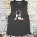 Tenebrae muscle tank with graphic of screaming woman framed by candles and bold red title on dark gray fabric