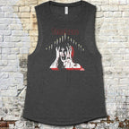 Tenebrae muscle tank with graphic of screaming woman framed by candles and bold red title on dark gray fabric