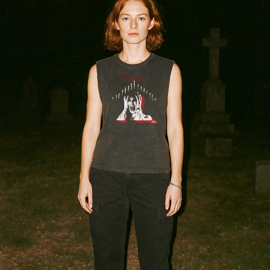 Tenebrae muscle tank showing screaming woman graphic surrounded by glowing candles on faded black fabric