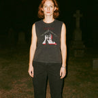 Tenebrae muscle tank showing screaming woman graphic surrounded by glowing candles on faded black fabric