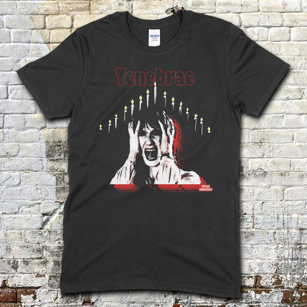 Black t-shirt featuring a distressed image of a screaming woman with candles above and the text Tenebrae on front