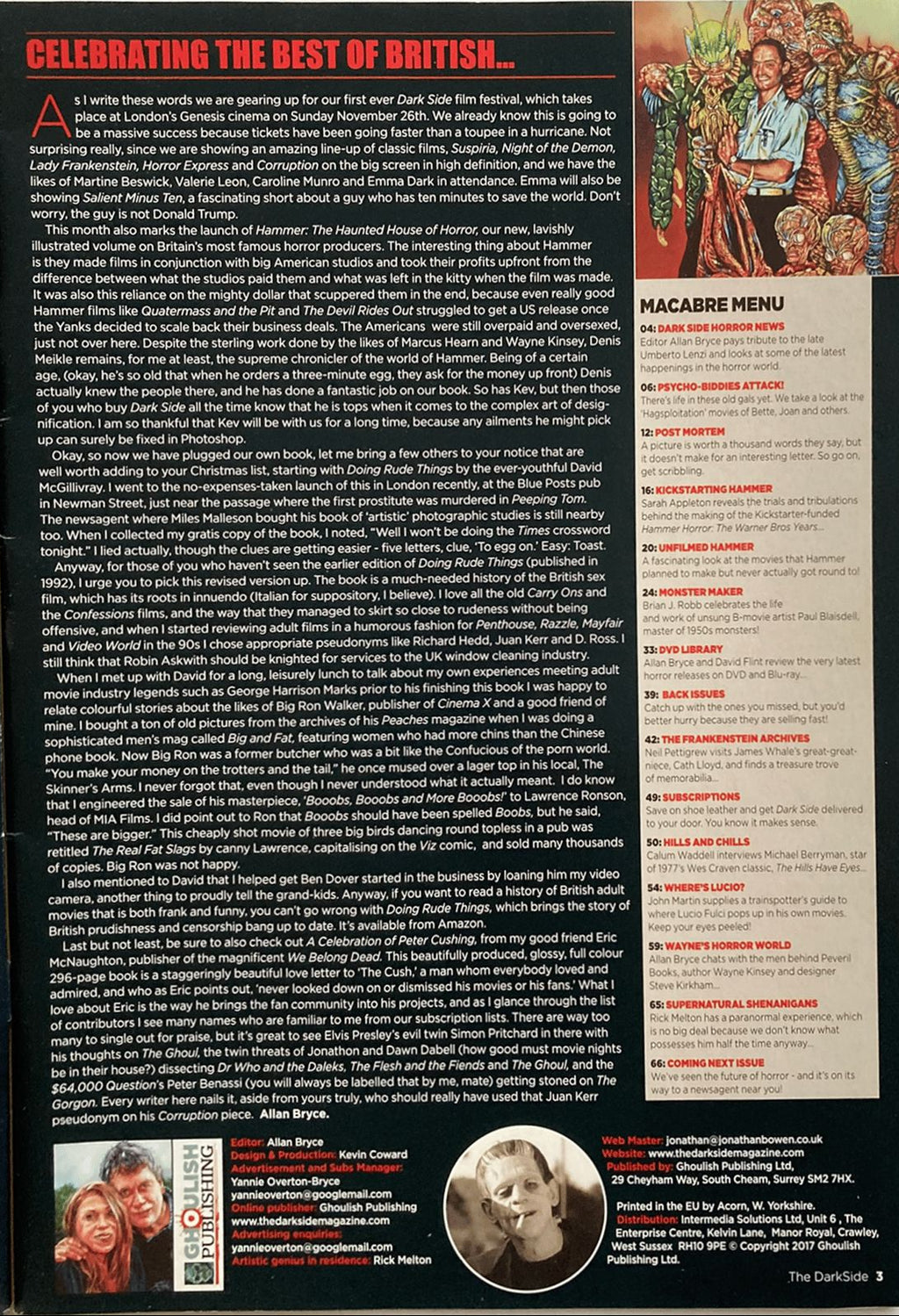 Back cover of a magazine or book with text and images, featuring a menu on the right side.