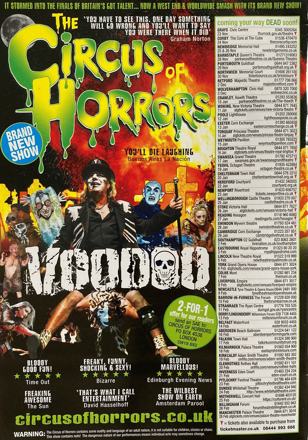 Promotional poster for 'The Circus of Horrors' with colorful text and images.