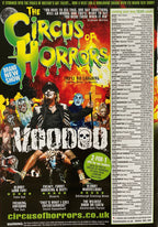 Promotional poster for 'The Circus of Horrors' with colorful text and images.