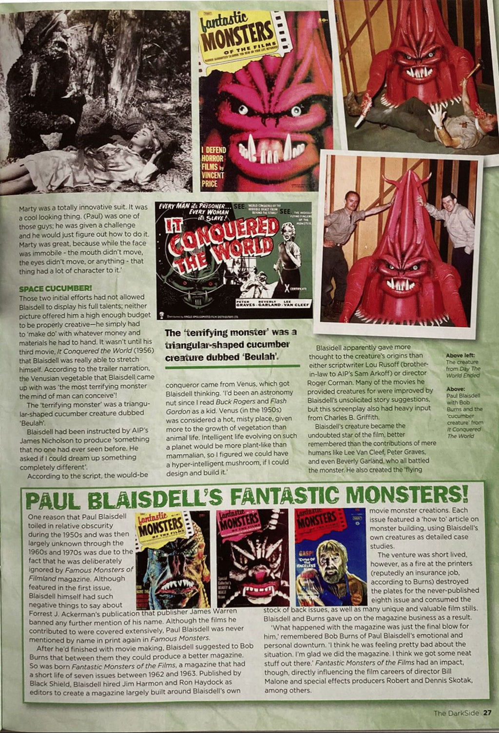 Page from a magazine featuring Paul Blaisdell's Fantastic Monsters with images and text.