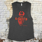 The Burning muscle tank in dark gray with a bold red graphic of a burning heart on front