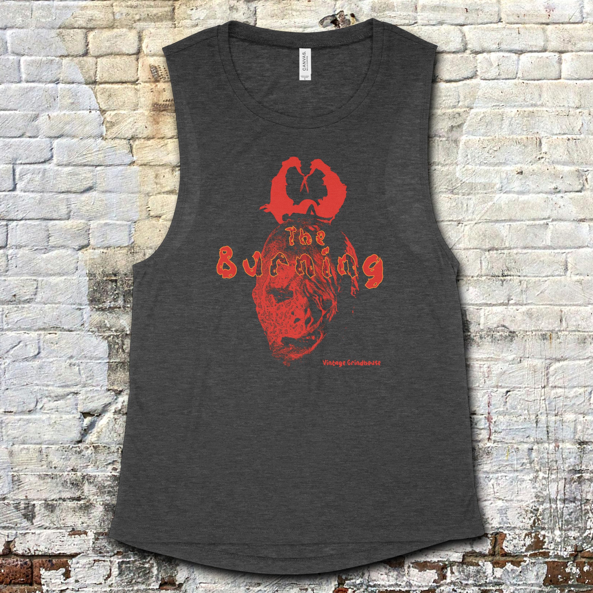 The Burning muscle tank in dark gray with a bold red graphic of a burning heart on front