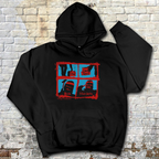 The Toolbox Murders hoodie featuring red and blue panel design with masked figures and horror text on black fabric background