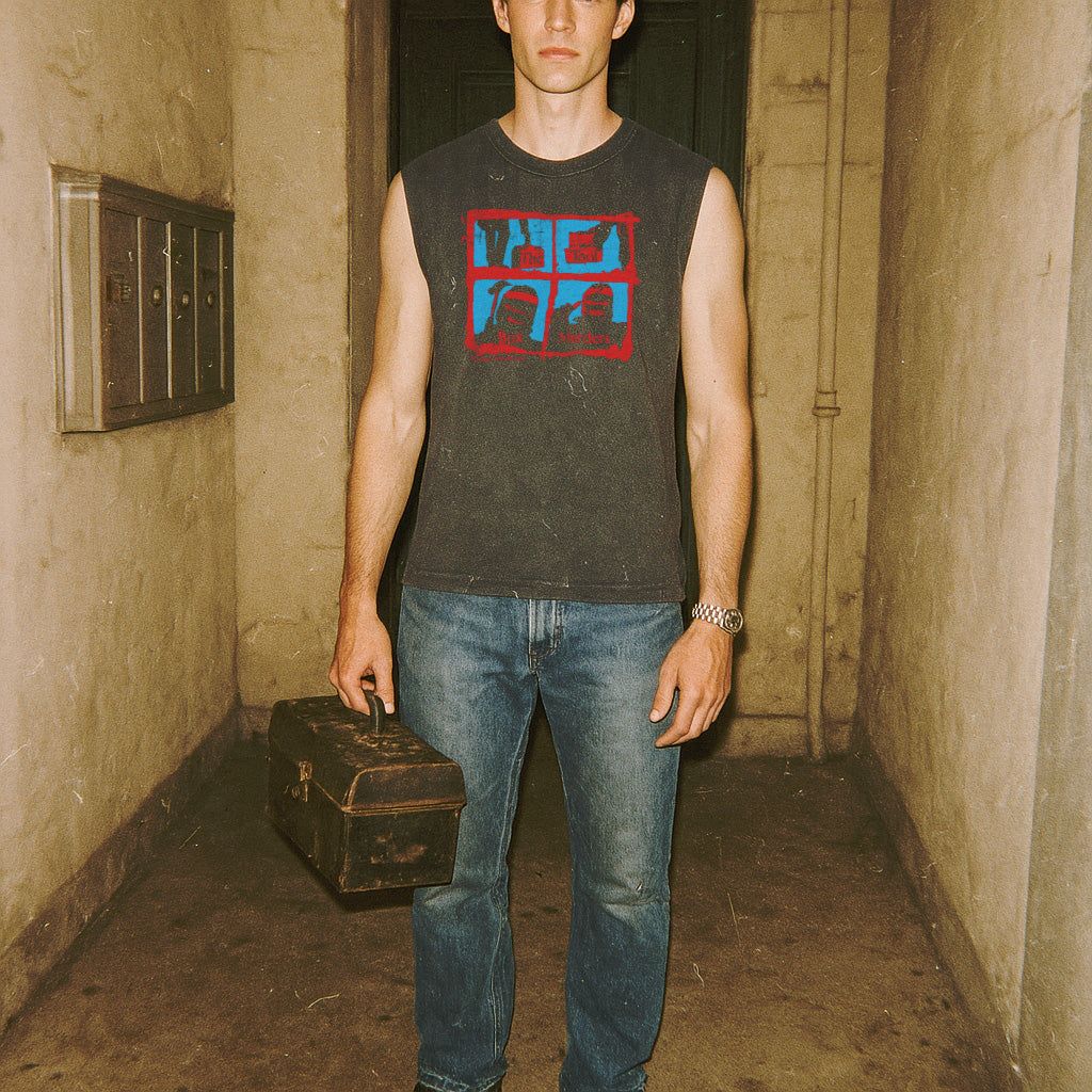 The Toolbox Murders muscle tank worn by model holding vintage toolbox with red and blue graphic on faded black fabric