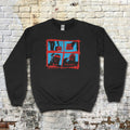 Black sweatshirt featuring red and blue graphic with masked figures and text spelling The Toolbox Murders on front panel