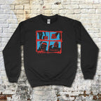 Black sweatshirt featuring red and blue graphic with masked figures and text spelling The Toolbox Murders on front panel