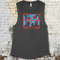 The Toolbox Murders muscle tank with bold red and blue graphic panels depicting masked figures on dark gray fabric