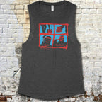 The Toolbox Murders muscle tank with bold red and blue graphic panels depicting masked figures on dark gray fabric
