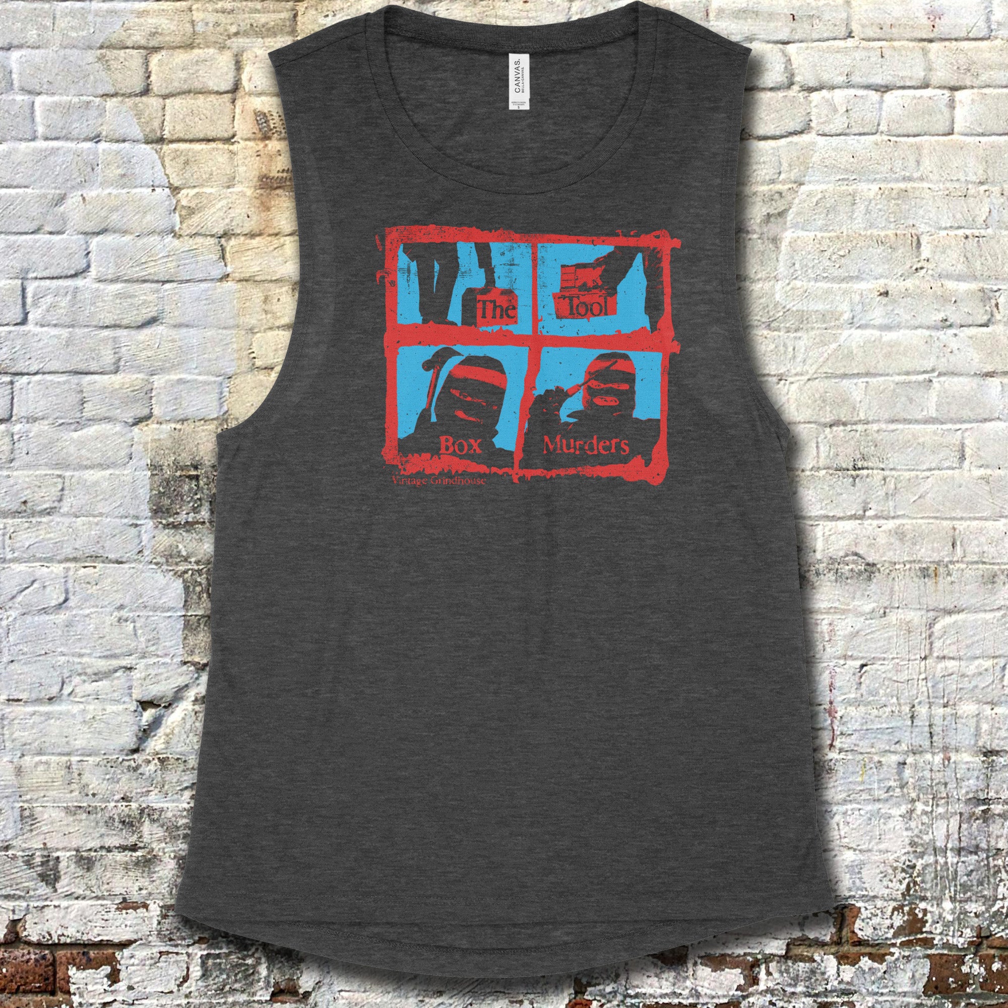 The Toolbox Murders muscle tank with bold red and blue graphic panels depicting masked figures on dark gray fabric