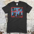 Black t-shirt featuring a red and blue graphic grid with masked figures and text The Toolbox Murders on front