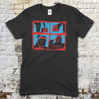 Black t-shirt featuring a red and blue graphic grid with masked figures and text The Toolbox Murders on front