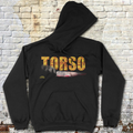 Torso hoodie featuring distressed yellow text with a partially obscured face on black fabric background