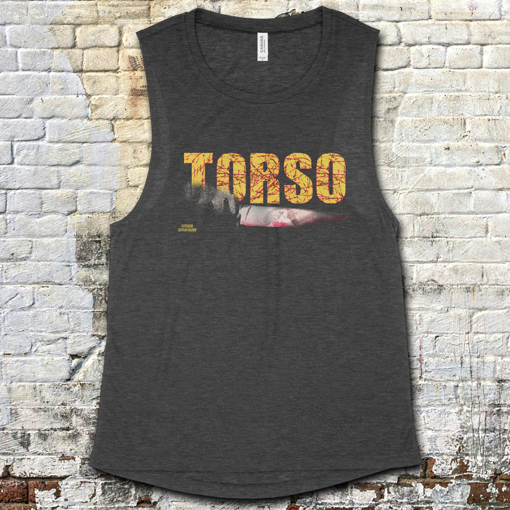 Torso muscle tank featuring bold distressed yellow title with knife graphic on dark gray fabric against brick wall background