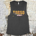 Torso muscle tank featuring bold distressed yellow title with knife graphic on dark gray fabric against brick wall background