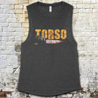 Torso muscle tank featuring bold distressed yellow title with knife graphic on dark gray fabric against brick wall background