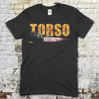 Black t-shirt featuring distressed orange text TORSO with a bloody knife graphic beneath on the front